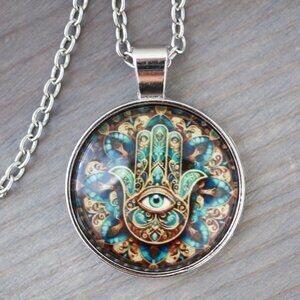 Evil Eye with Hamsa Hand Round Style Pendant Necklace Silver Stainless Steel